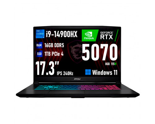 Ноутбук игровой MSI Katana 17HX, Core i9-14900HX, RTX 5070, 16ГБ/1ТБ, 17.3" IPS QHD 240Hz, Windows 11, RU клавиатура
